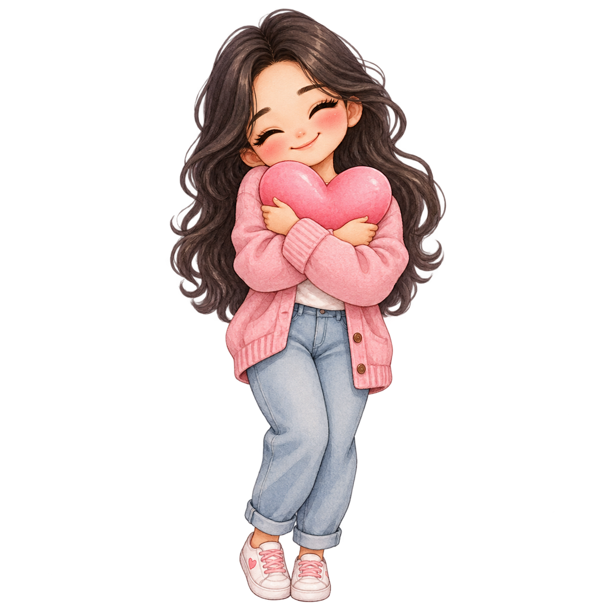 A cute illustrated Kalpna with rosy cheeks, smiling and hugging a pink heart
